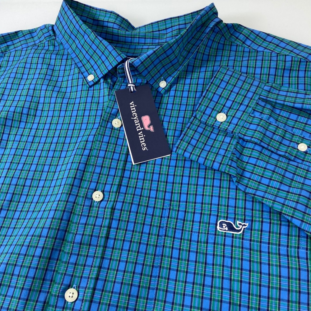Vineyard Vines Men 2XB Classic Fit Button Down Shirt‎ Blue Green Plaid Stretch
